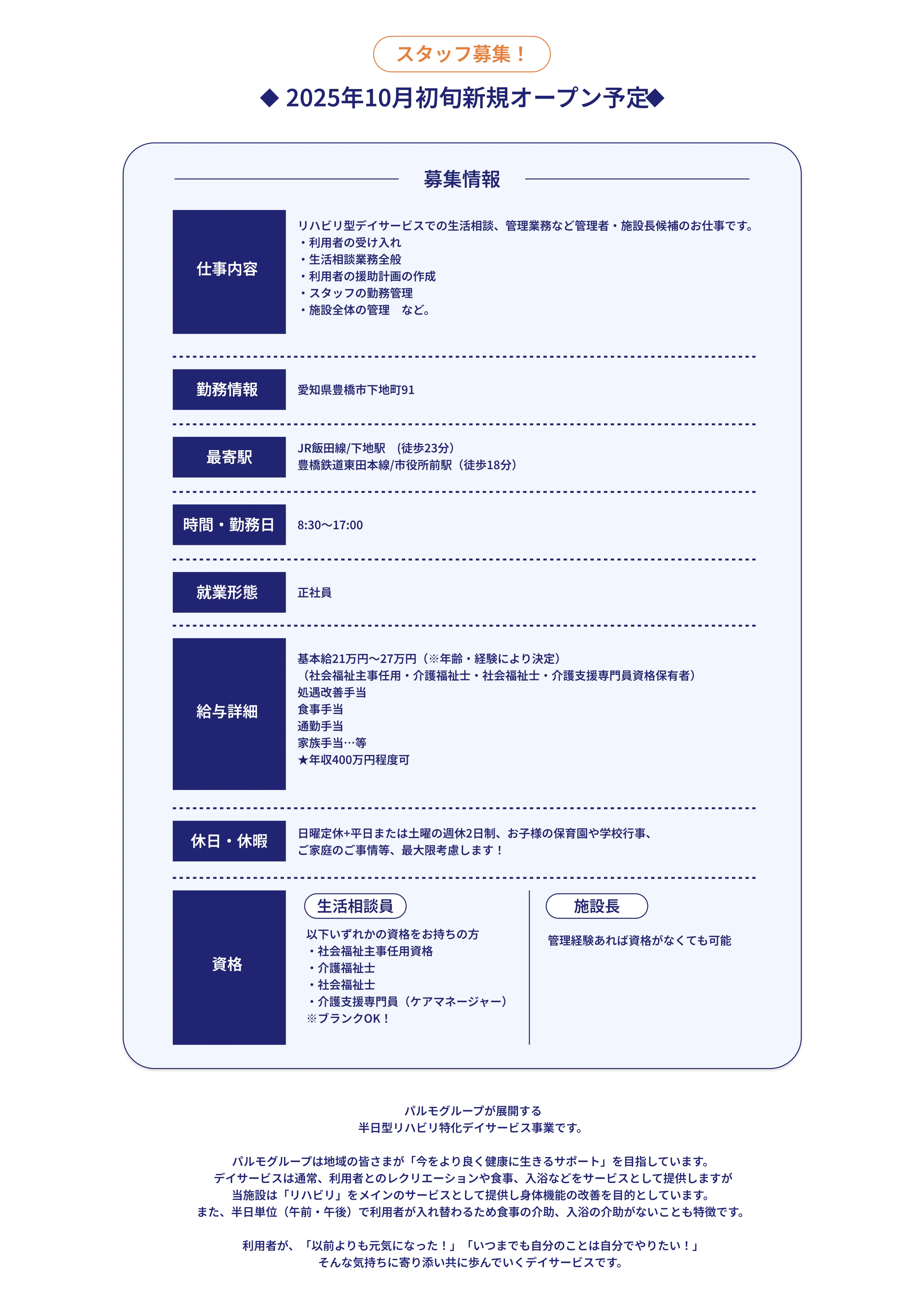 
          🔶スタッフ募集！
          
          ◆2025年10月初旬新規オープン予定◆
          
          募集情報
          仕事内容
          リハビリ型デイサービスでの生活相談、管理業務など管理者・施設長候補のお仕事です。
          ・利用者の受け入れ
          ・生活相談業務全般
          ・利用者の援助計画の作成
          ・スタッフの勤務管理
          ・施設全体の管理　など。
          
          勤務情報
          愛知県豊橋市下地町91
          
          最寄駅
          JR飯田線「下地駅」（徒歩23分）
          豊橋鉄道東田本線「市役所前駅」（徒歩18分）
          
          時間・勤務日
          8:30〜17:00
          
          就業形態
          正社員
          
          給与詳細
          基本給21万円〜27万円（※年齢・経験により決定）
          （社会福祉主事任用・介護福祉士・社会福祉士・介護支援専門員資格保有者）
          ・処遇改善手当
          ・食事手当
          ・通勤手当
          ・家族手当…等
          ★年収400万円程度可
          
          休日・休暇
          日曜定休＋平日または土曜の週休2日制。
          お子様の保育園や学校行事、ご家庭のご事情等、最大限考慮します！
          
          資格
          【生活相談員】
          以下いずれかの資格をお持ちの方
          ・社会福祉主事任用資格
          ・介護福祉士
          ・社会福祉士
          ・介護支援専門員（ケアマネージャー）
          ※ブランクOK！
          
          【施設長】
          管理経験あれば資格がなくても可能
          
          パルモグループが運営する
          半日型リハビリ特化デイサービス施設です。
          
          パルモグループは地域の皆さまが「今をより良く健康に生きるサポート」を目指しています。
          デイサービスは通常、利用者さまのレクリエーションや食事、入浴などを中心として提供されますが、
          当社では「リハビリ」をメインのサービスとして提供し高齢者の機能訓練を支援しています。
          また、半日単位（午前・午後）で利用が入れ替わるため食事の介助、入浴の介助が少ないことも特徴です。
          
          利用者が、「以前よりも元気になった！」
          「いつまでも自分のことは自分でやりたい！」
          そんな気持ちに寄り添い実現をサポートするデイサービスです。
          